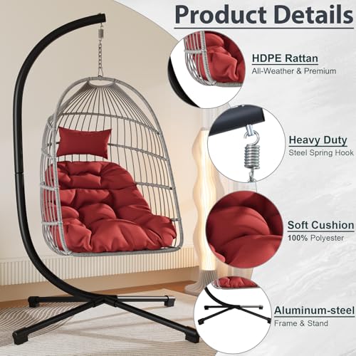 Foldable Hanging Egg Chair with Stand, HDPE Rattan and Aluminum-Steel Frame, 350 Lbs Capacity, Beige M628801