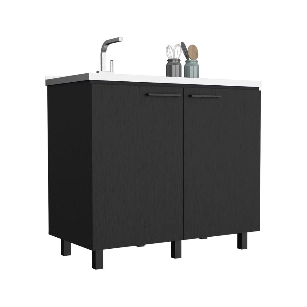Black 2 Door Utility Base Cabinet with Stainless Steel Countertop T285743