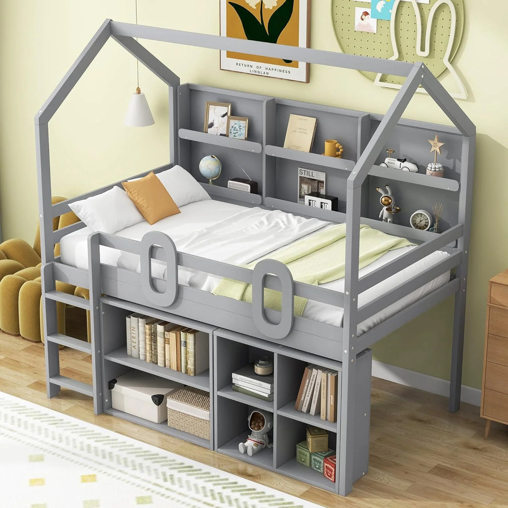 Grey Wooden Loft Bed Frame with Storage L453