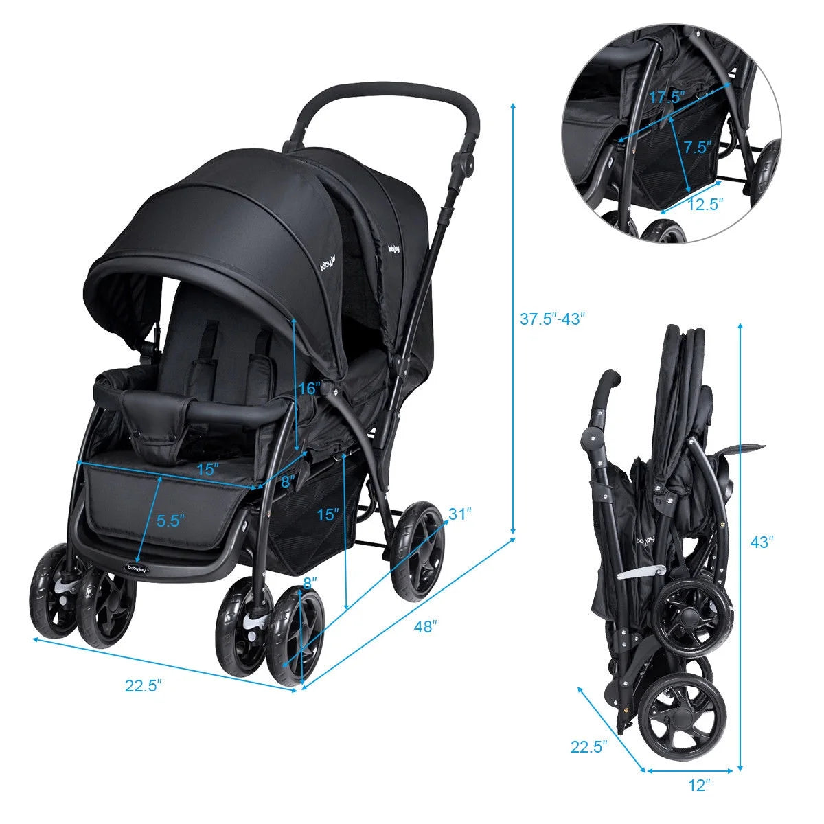 Double Stroller Foldable Lightweight Black G496776