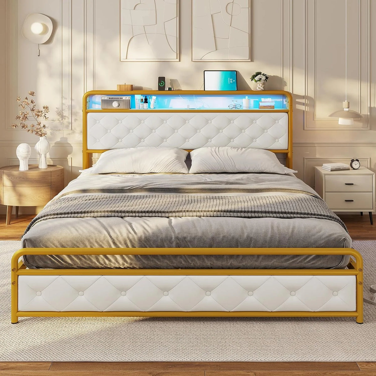 King Bed Frame with Storage Headboard and USB-C Charging Station Y891