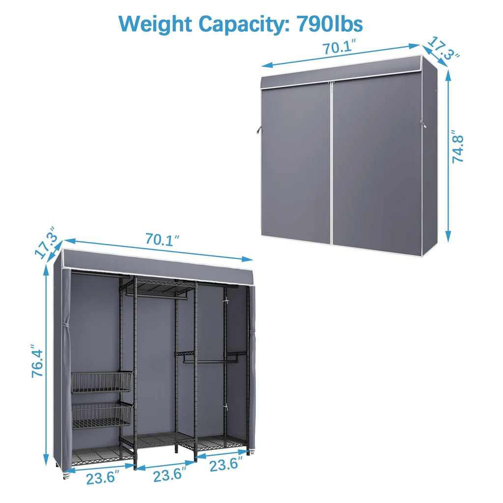 Black Covered Clothes Rack Portable Wardrobe with Grey Oxford Fabric Cover N202527